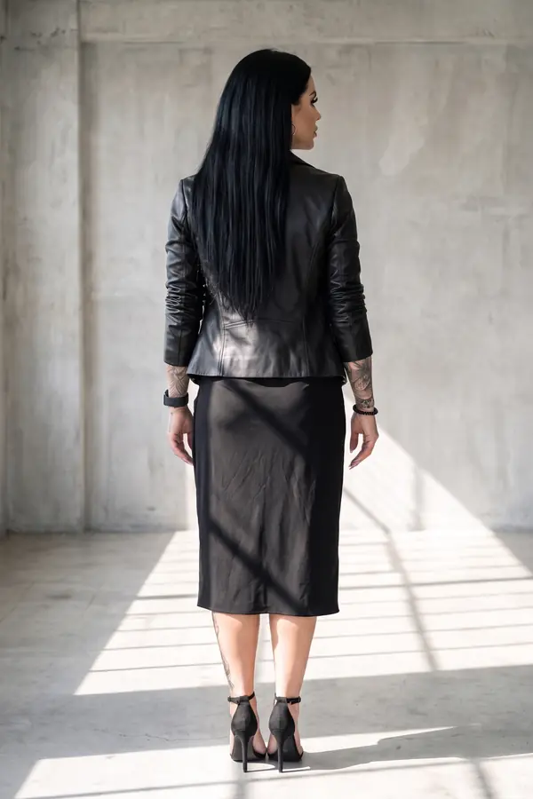 back & profile: Leather biker jacket with satin cami and draped wrap skirt