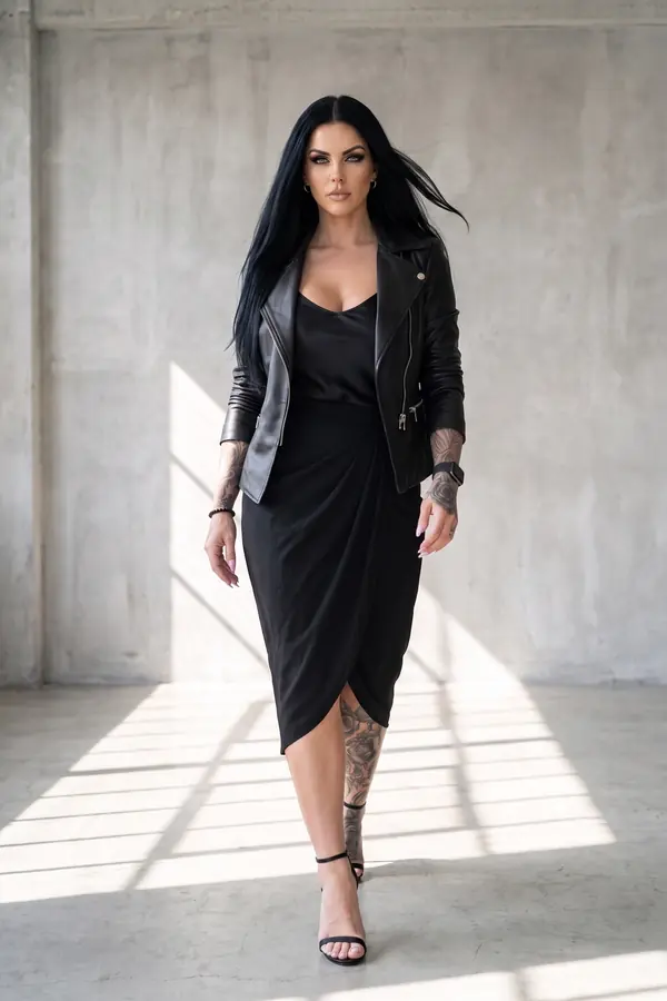 in motion: Leather biker jacket with satin cami and draped wrap skirt