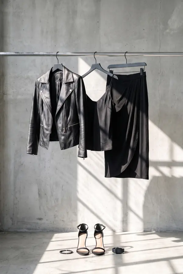 still life: Leather biker jacket with satin cami and draped wrap skirt