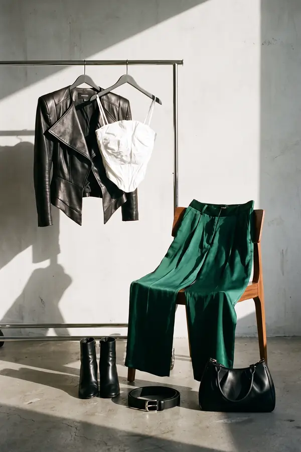 still life: Leather blazer, white corset and emerald satin trousers