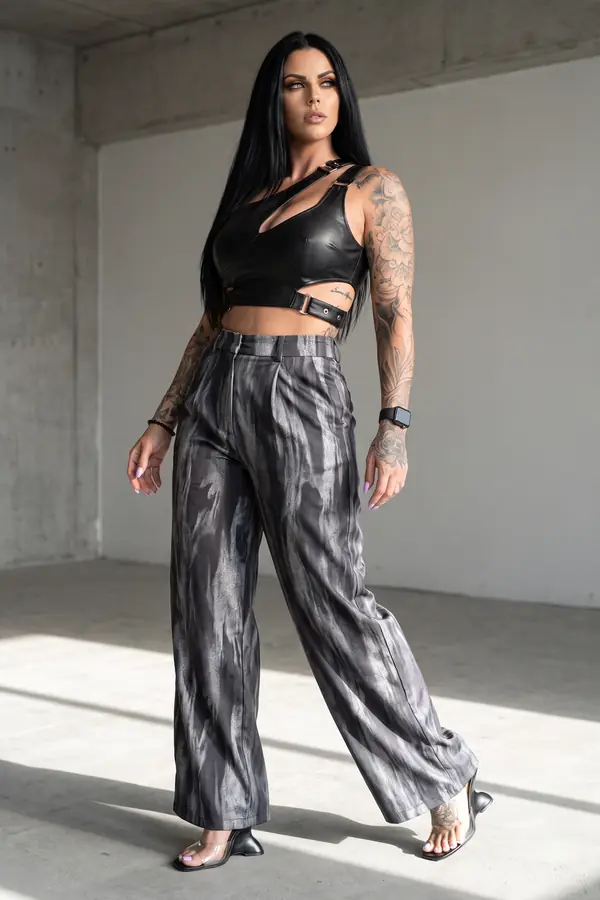 in motion: Leather buckle crop top with marbled grey wide-leg trousers