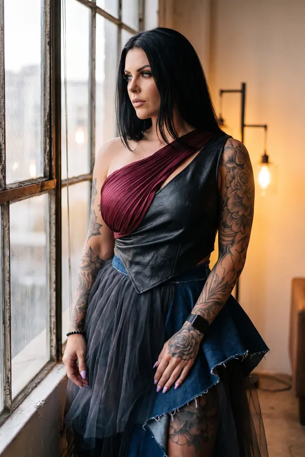 Woman in a black leather bustier with a burgundy one-shoulder pleated drape and a grey tulle skirt by a loft window