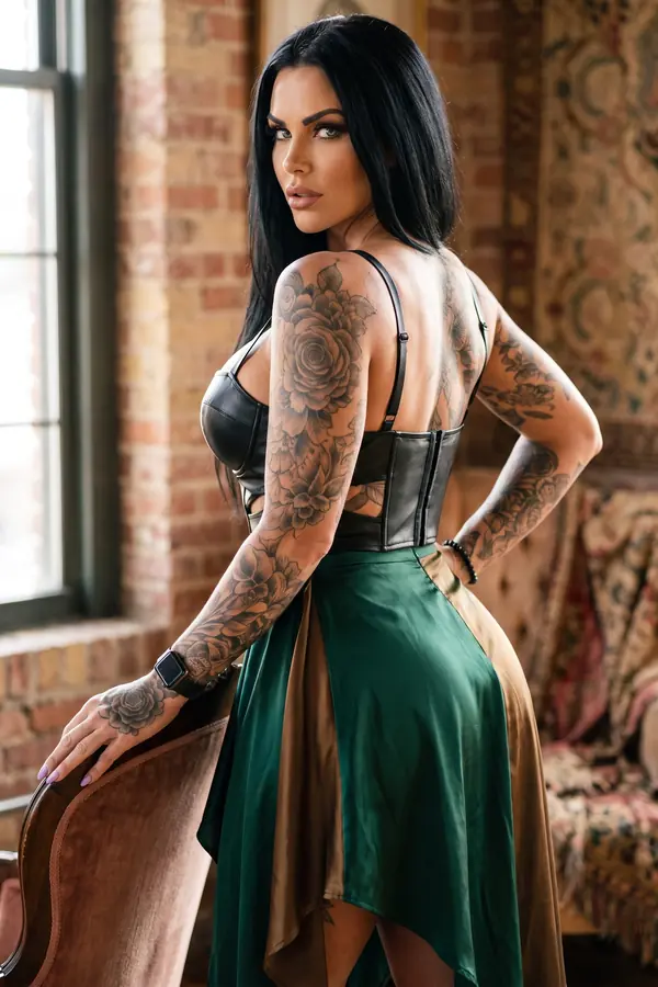 Woman in a black leather bustier and emerald and bronze colour-block satin skirt, seen from behind in a brick loft