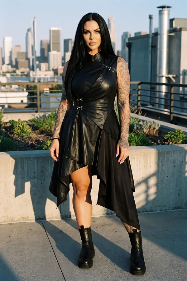 Woman in a sleeveless black leather wrap dress with silver clasps and a handkerchief hem, with chelsea boots on a rooftop