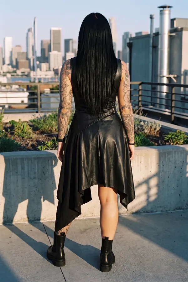 back & profile: Leather clasp wrap dress with a handkerchief hem