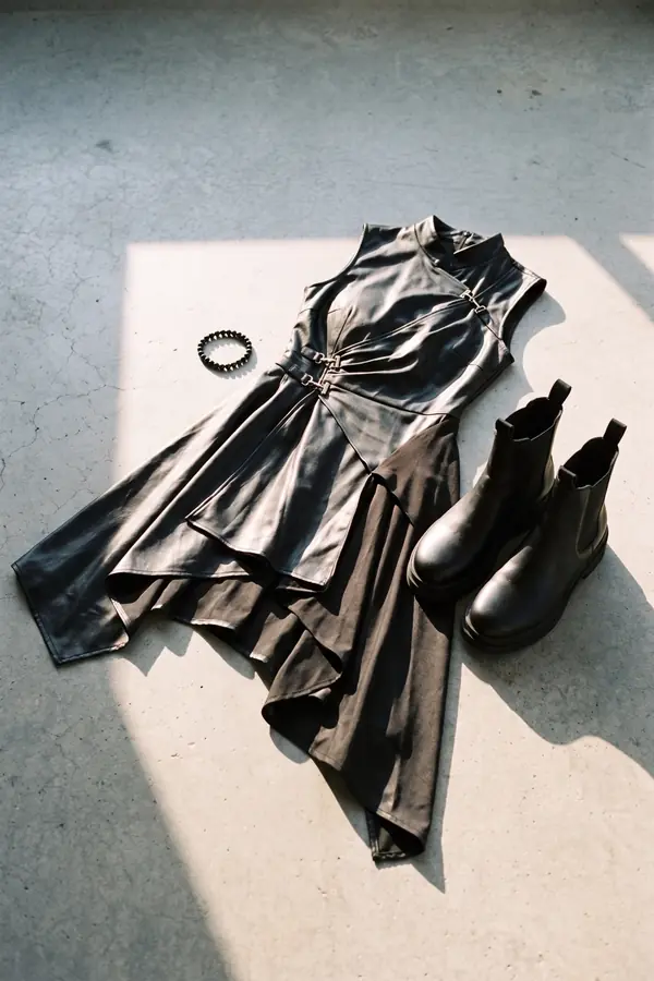 still life: Leather clasp wrap dress with a handkerchief hem