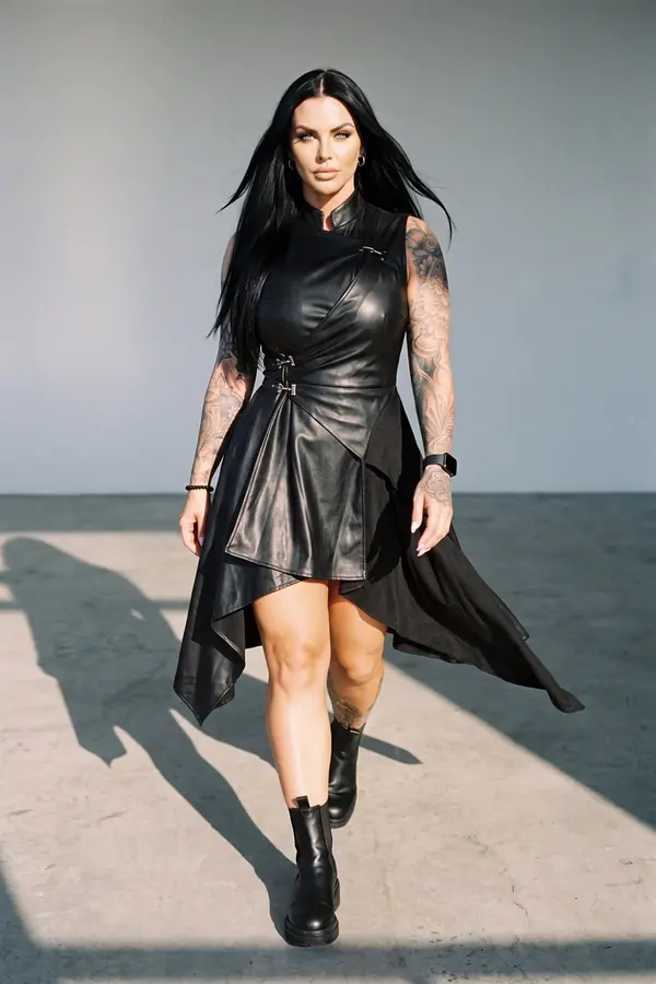 in motion: Leather clasp wrap dress with a handkerchief hem