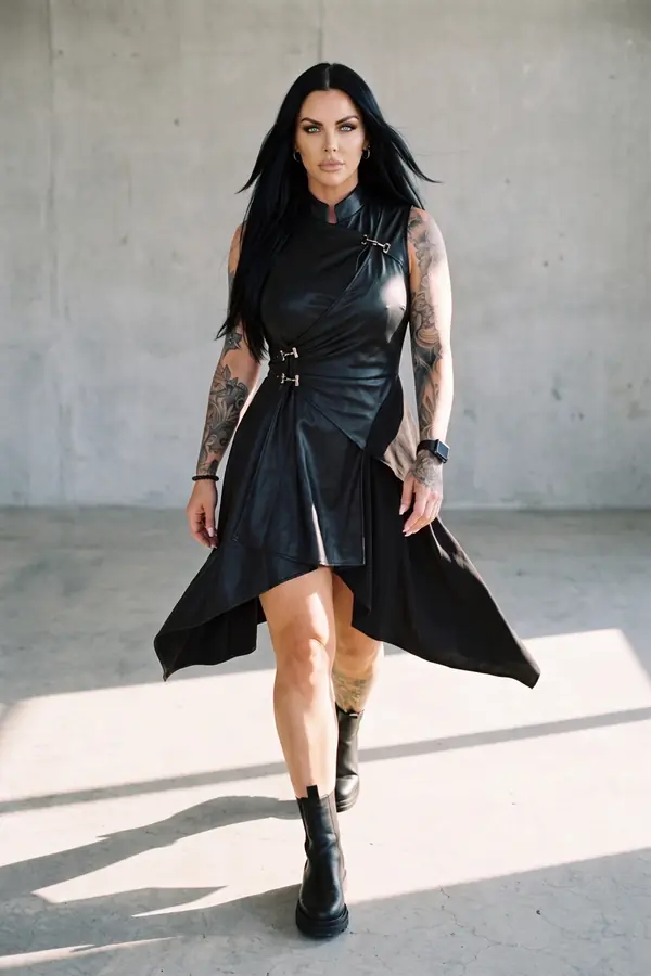 in motion: Leather clasp wrap dress with a handkerchief hem