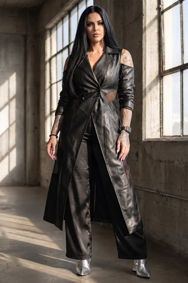 Woman in a long black leather cold-shoulder coat with mesh insets, black satin trousers and silver boots in a loft