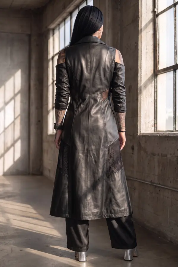 back & profile: Leather cold-shoulder coat with mesh insets and silver boots