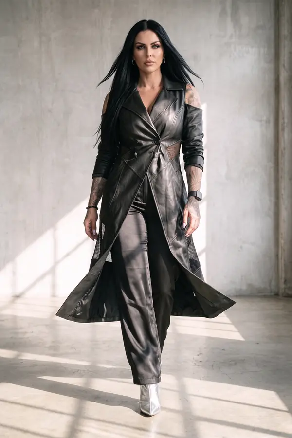 in motion: Leather cold-shoulder coat with mesh insets and silver boots