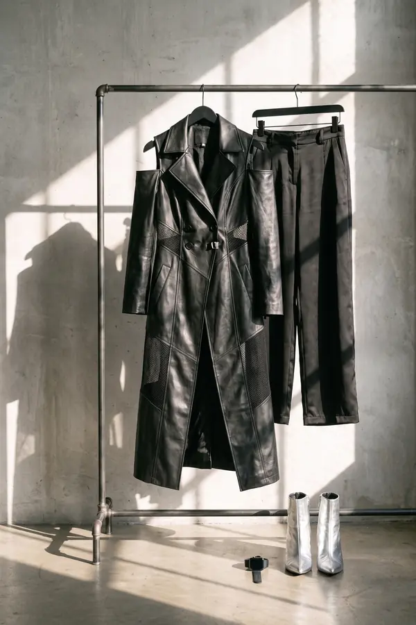 still life: Leather cold-shoulder coat with mesh insets and silver boots