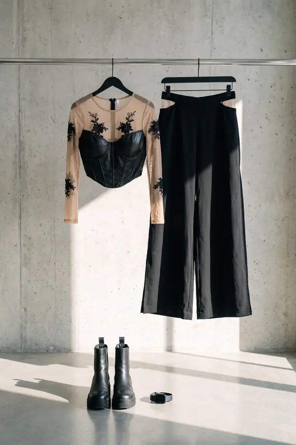 still life: Leather corset, lace mesh top and cut-out wide-leg trousers