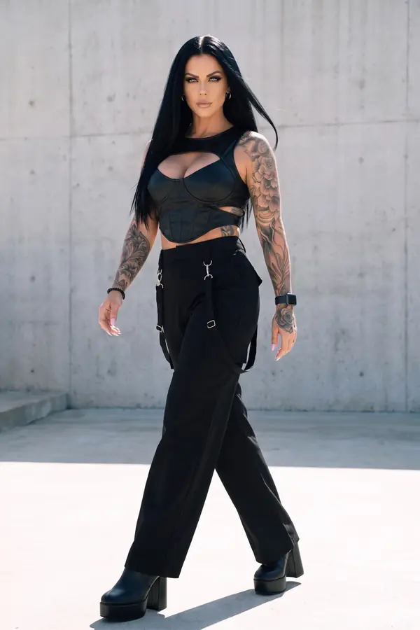 in motion: Leather cut-out bustier with clip-strap wide-leg trousers