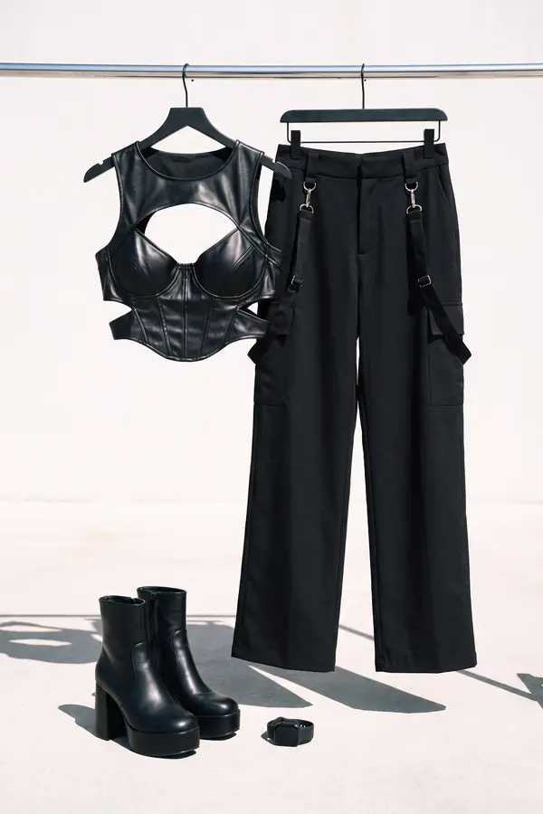 still life: Leather cut-out bustier with clip-strap wide-leg trousers