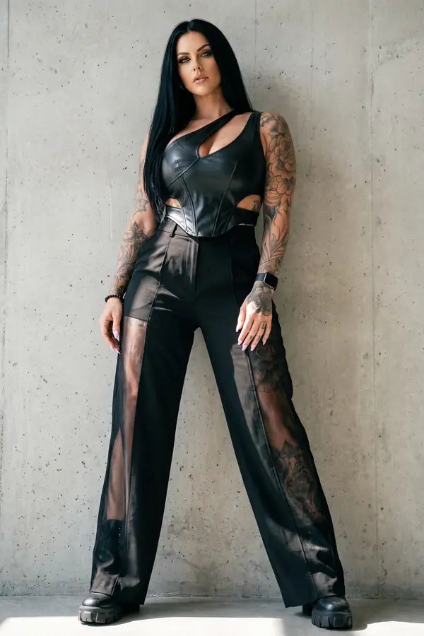 full look: Leather cut-out corset top and mesh-panel trousers