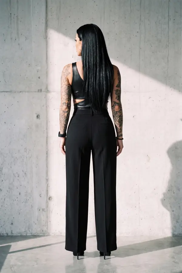 back & profile: Leather one-shoulder cut-out bodysuit with pleated trousers