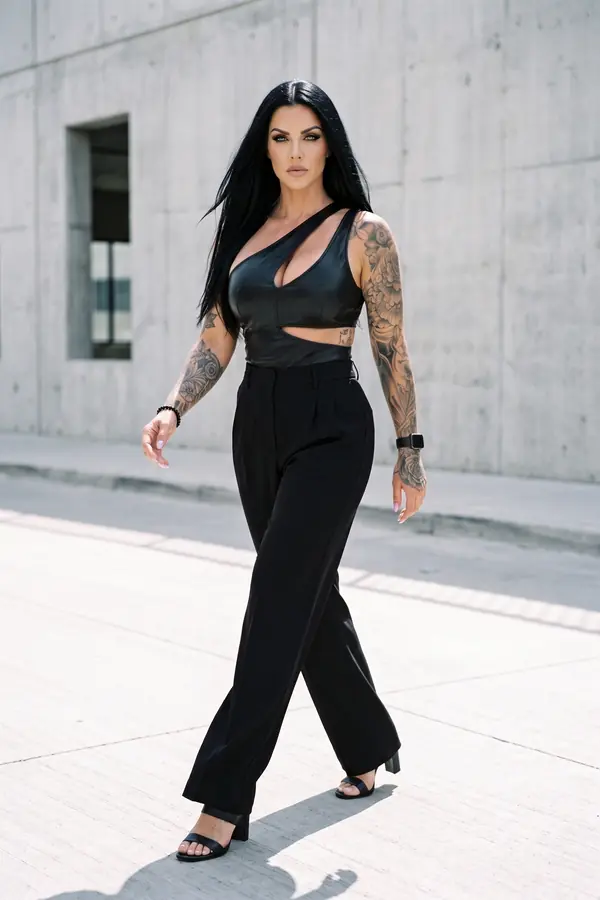 in motion: Leather one-shoulder cut-out bodysuit with pleated trousers
