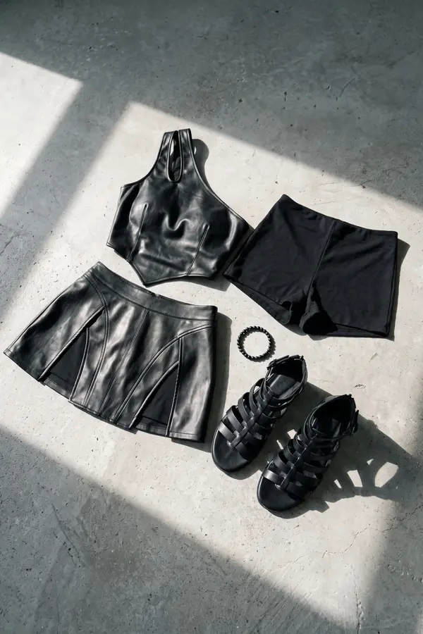 Woman in a black leather one-shoulder top and split leather mini skirt with gladiator sandals on sand dunes