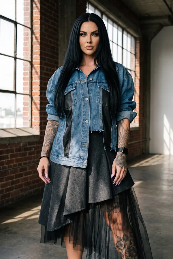 full look: Leather-panel denim jacket and asymmetric wool skirt