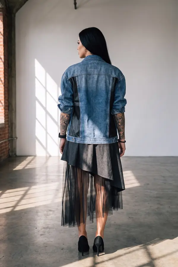 back & profile: Leather-panel denim jacket and asymmetric wool skirt