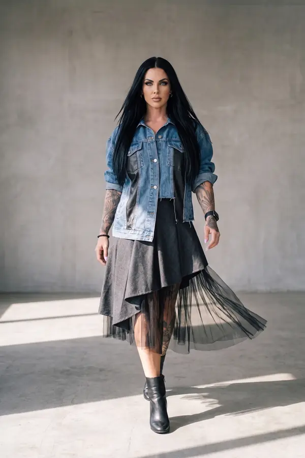 in motion: Leather-panel denim jacket and asymmetric wool skirt