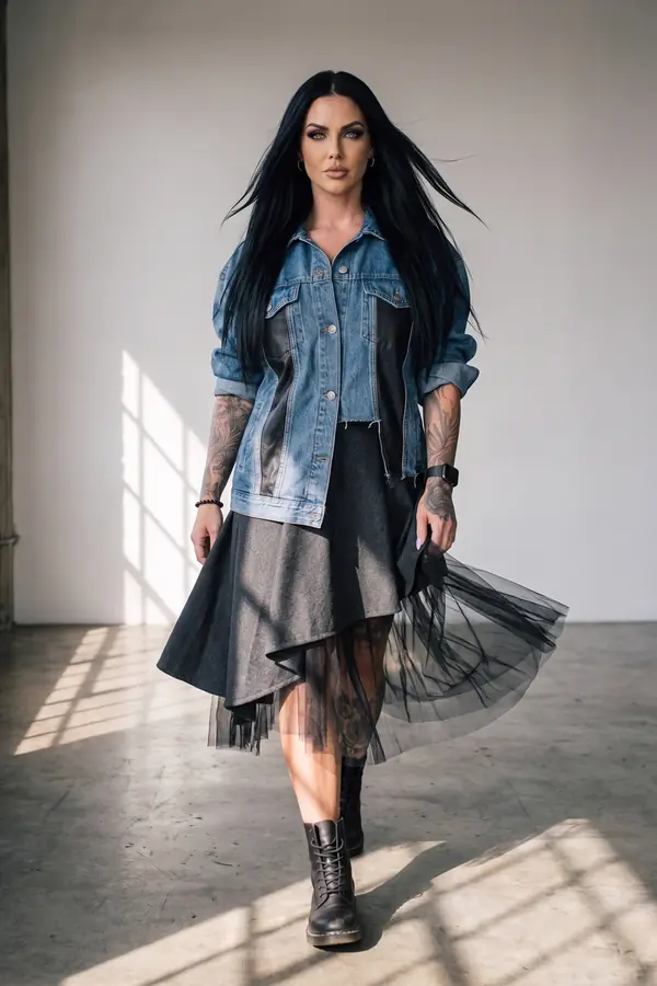 in motion: Leather-panel denim jacket and asymmetric wool skirt