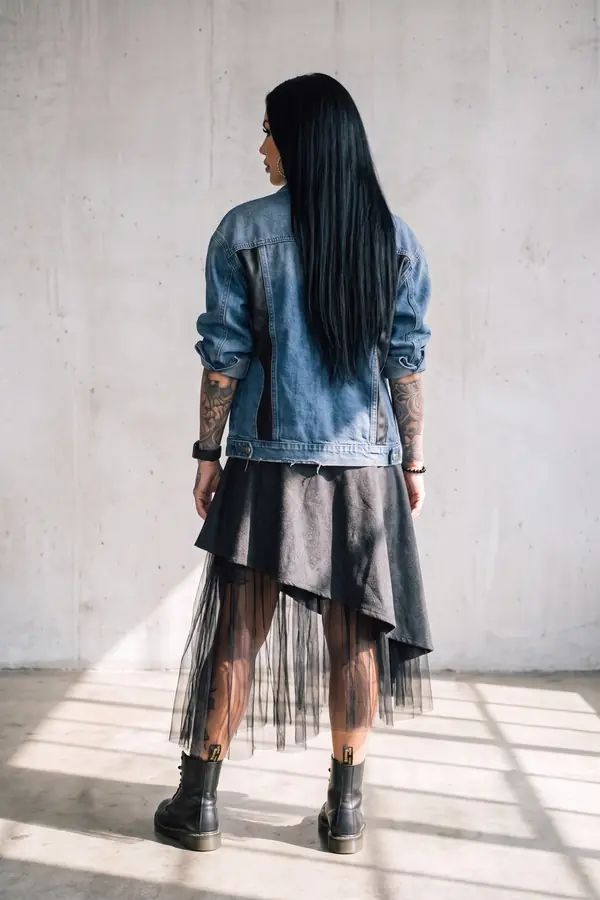 back & profile: Leather-panel denim jacket and asymmetric wool skirt