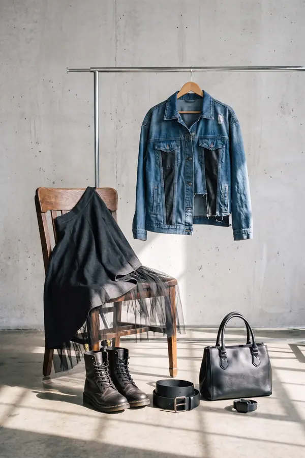 still life: Leather-panel denim jacket and asymmetric wool skirt