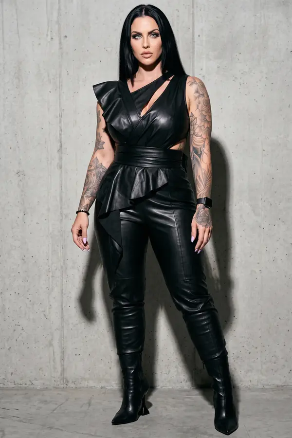 Woman in a black leather ruffle wrap top with a wide sash, tapered leather trousers and pointed boots against a concrete wall