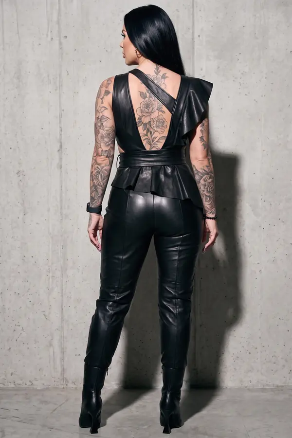 back & profile: Leather ruffle wrap top with sash and tapered trousers