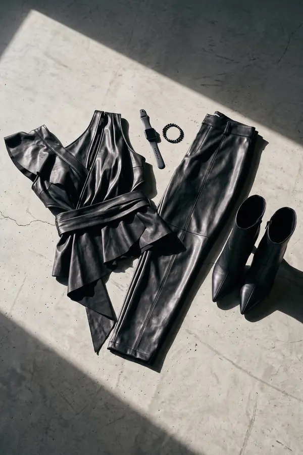 still life: Leather ruffle wrap top with sash and tapered trousers
