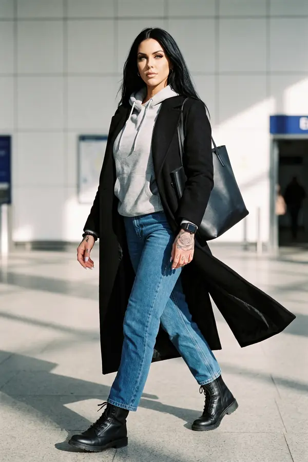Woman walking through a station concourse in a long black wool coat, grey hoodie, straight jeans and black combat boots
