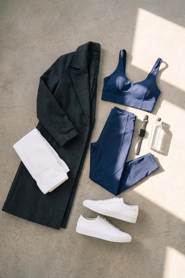 still life: Long charcoal wool coat over a navy sports top and leggings