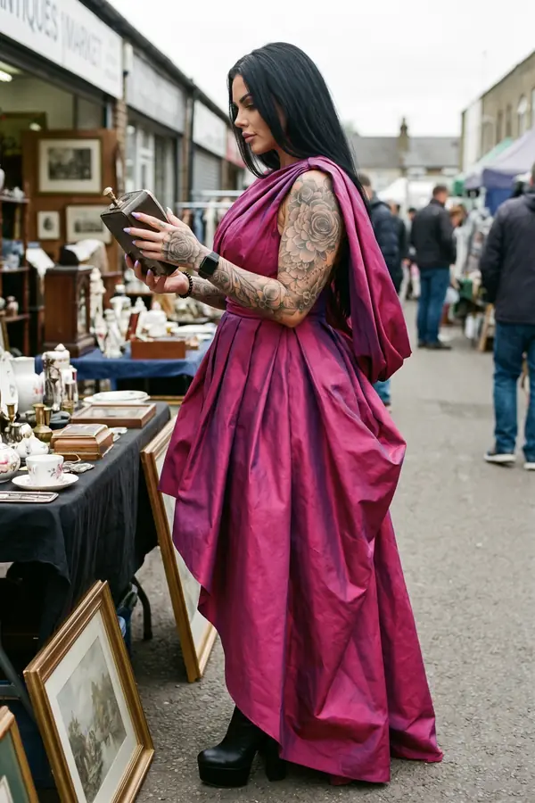 Woman in a magenta taffeta draped gown and black platform boots examining an old flask at an outdoor antiques market