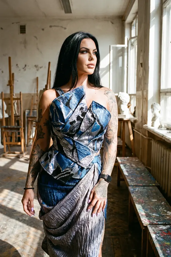 Woman in a cobalt and silver metallic brocade corset top and crinkled lamé draped skirt in a sunlit art studio