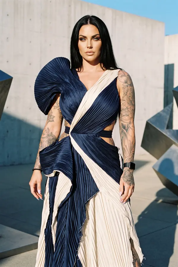 Woman in a navy and bone knife-pleated gown with a fan-pleated shoulder in front of a concrete wall and steel sculpture