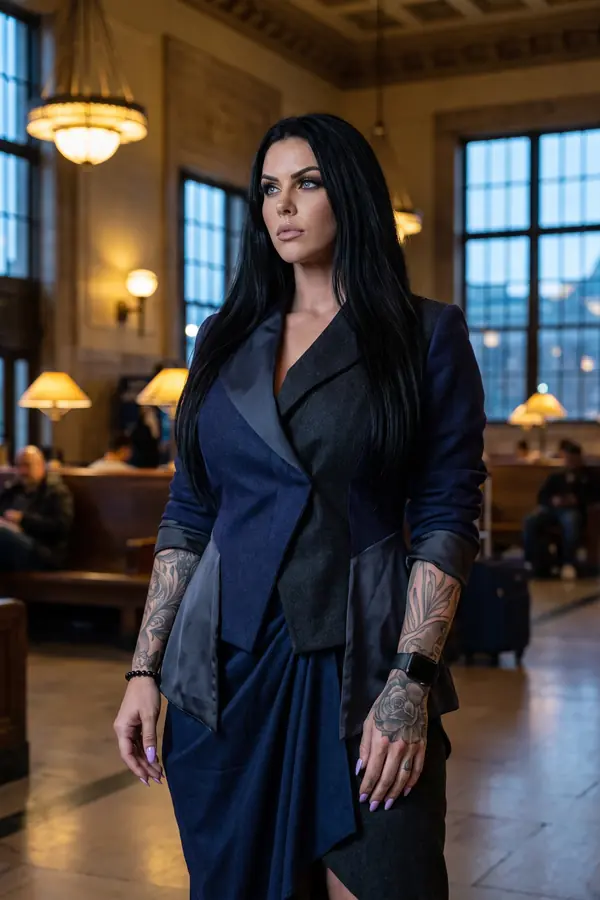 Woman in a navy and charcoal patchwork blazer with a grey satin lapel and a draped navy wrap skirt in a station hall