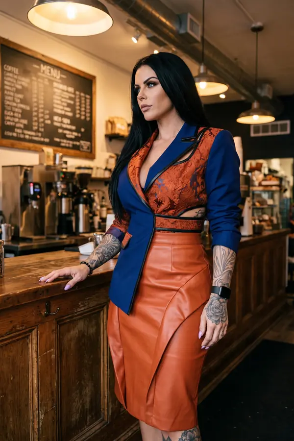 Woman in a navy blazer with rust brocade panels and a rust faux-leather pencil skirt leaning on a wooden coffee bar counter