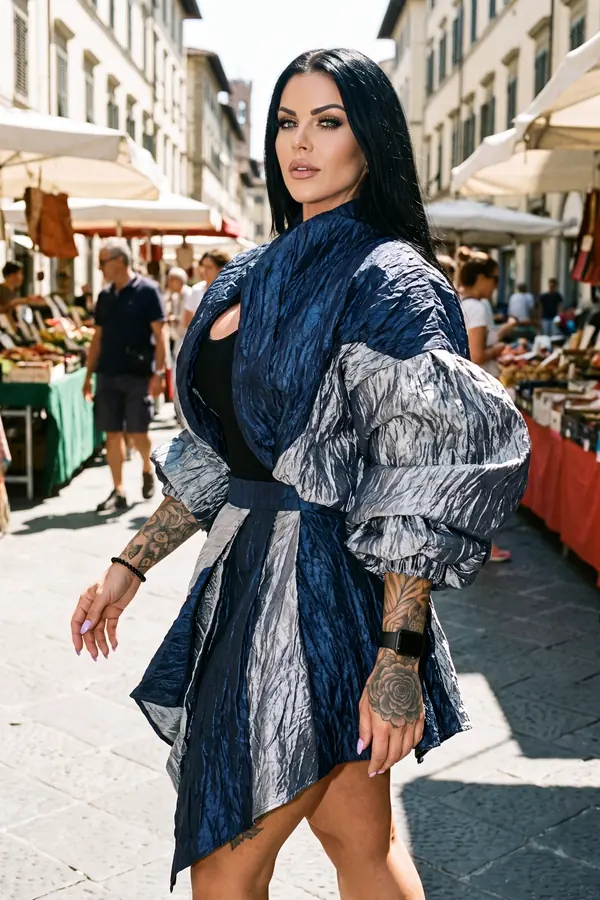 Woman in a crinkled navy and silver kimono jacket with balloon sleeves and a mini skirt walking through a street market