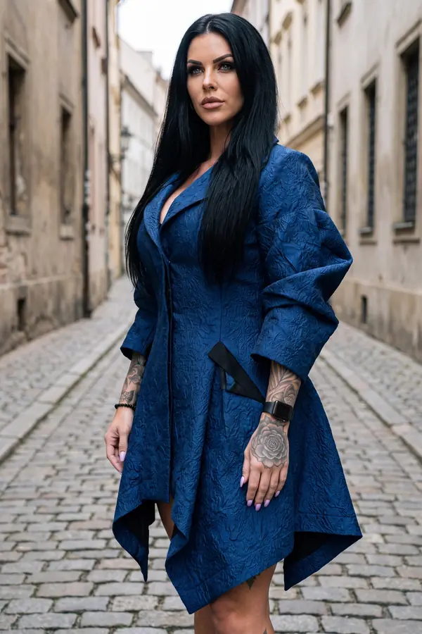 Woman in a navy crinkle jacquard coat dress with puff sleeves and a handkerchief hem standing in a cobbled old-town street