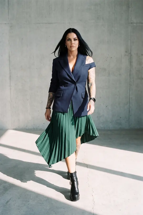 in motion: Navy cut-out shoulder blazer with an emerald pleated skirt