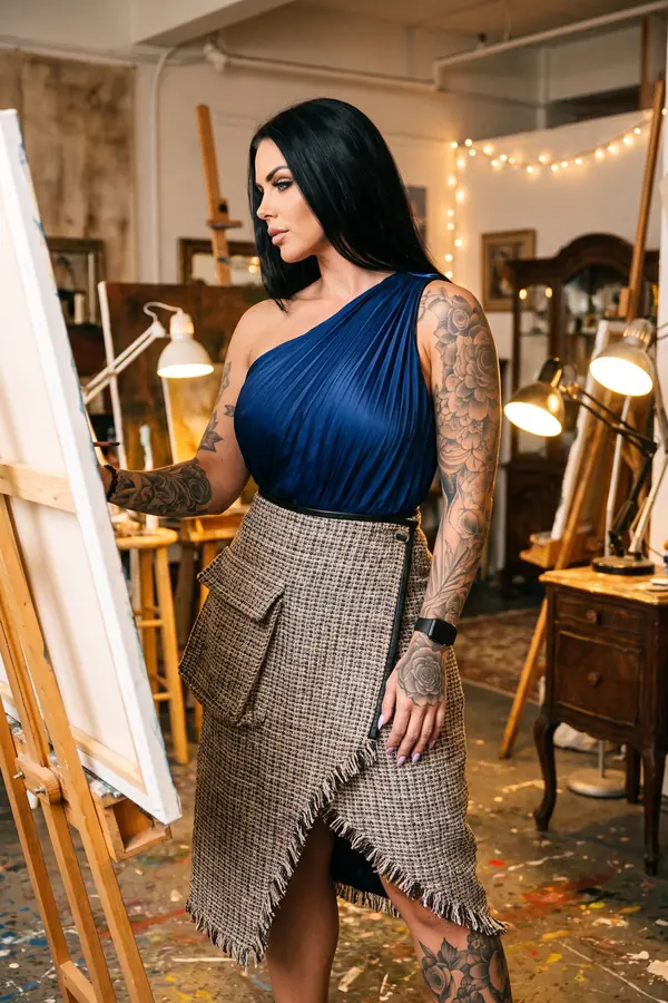 in situ: Navy pleated one-shoulder top with a check tweed wrap skirt