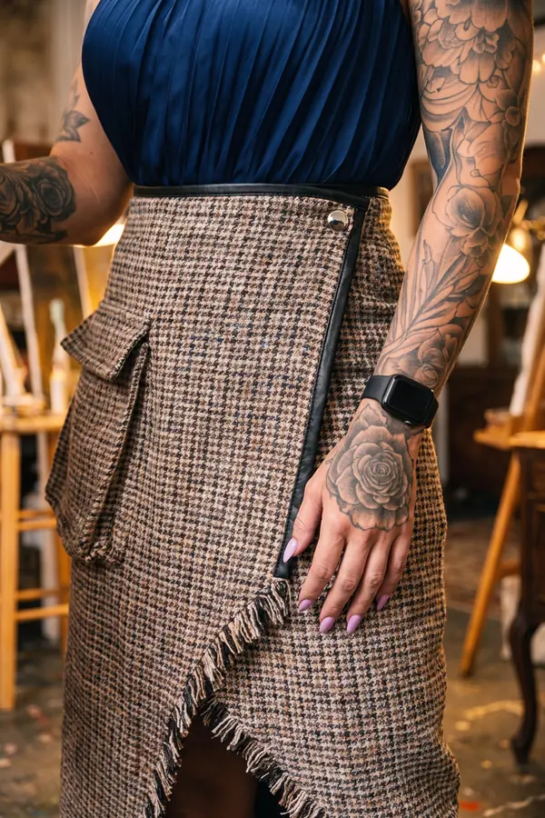 Woman painting at an easel in a navy pleated one-shoulder top and a brown check tweed wrap skirt with a fringed hem