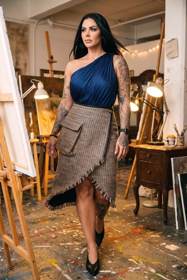 in motion: Navy pleated one-shoulder top with a check tweed wrap skirt