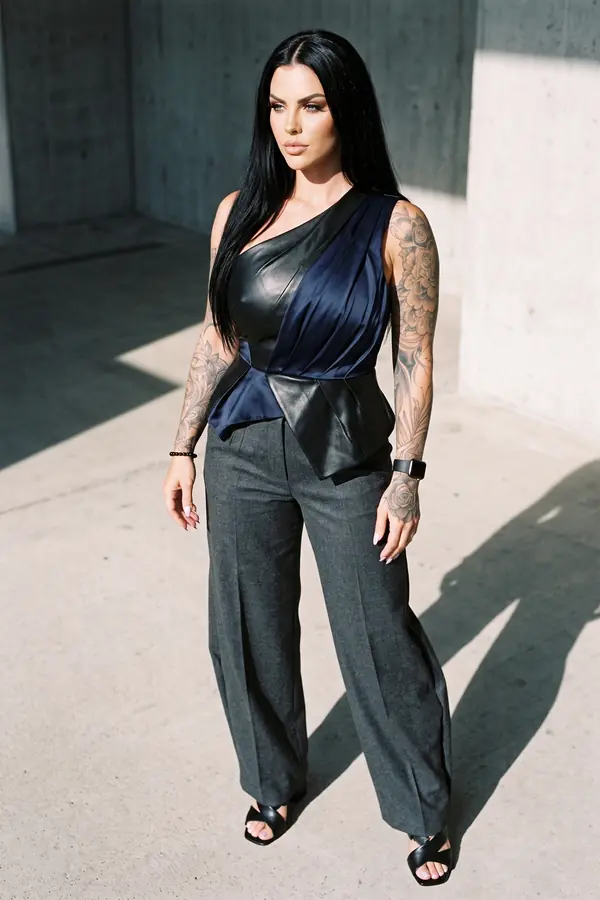 Woman in a navy satin and black leather one-shoulder top and charcoal wool trousers standing on sunlit concrete