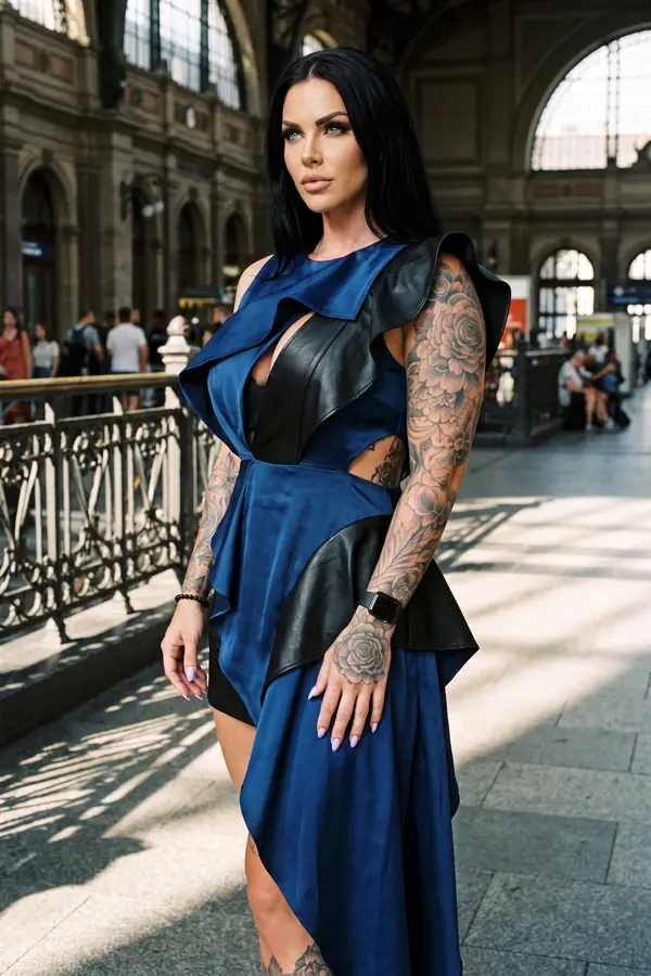 Woman in a navy satin and black leather ruffle dress with a high-low hem in a sunlit railway station hall