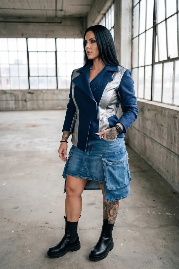 Woman in a navy wool jacket with silver metallic panels, a denim cargo mini skirt and black chelsea boots in a warehouse