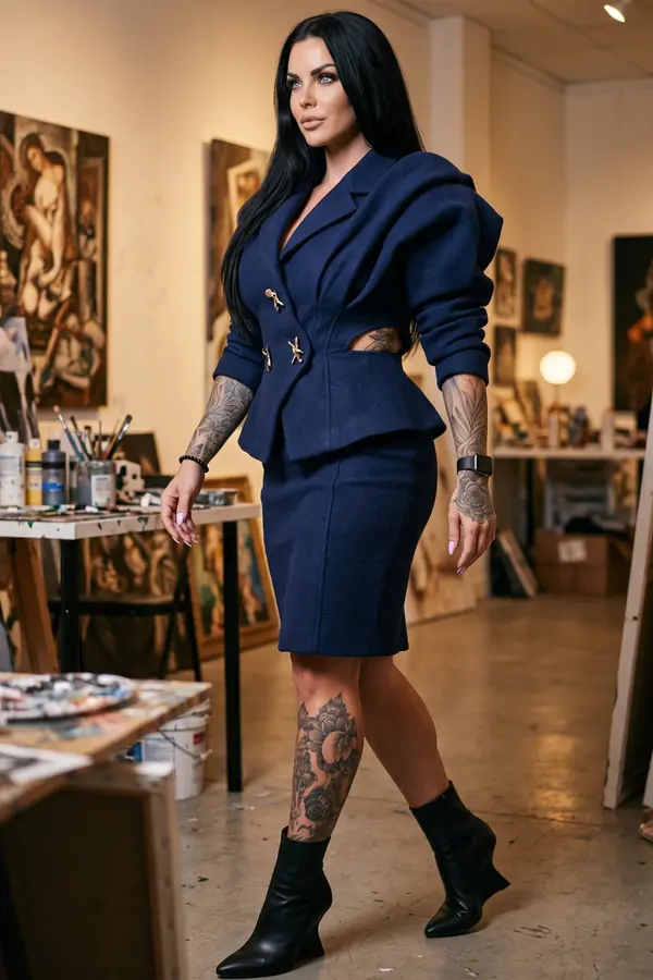 Woman in a navy wool peplum jacket with gold twig buttons and a pencil skirt walking through an artist's studio