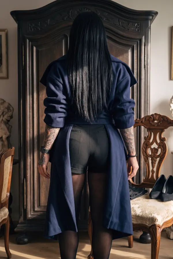 back & profile: Navy wool waterfall coat with black tailored shorts